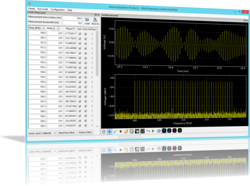 Screen shot of the MLA Graphical User Interface.  Each tone can be individually controlled, or a scripting interface in the GUI is used for advanced construction of frequency combs.  
